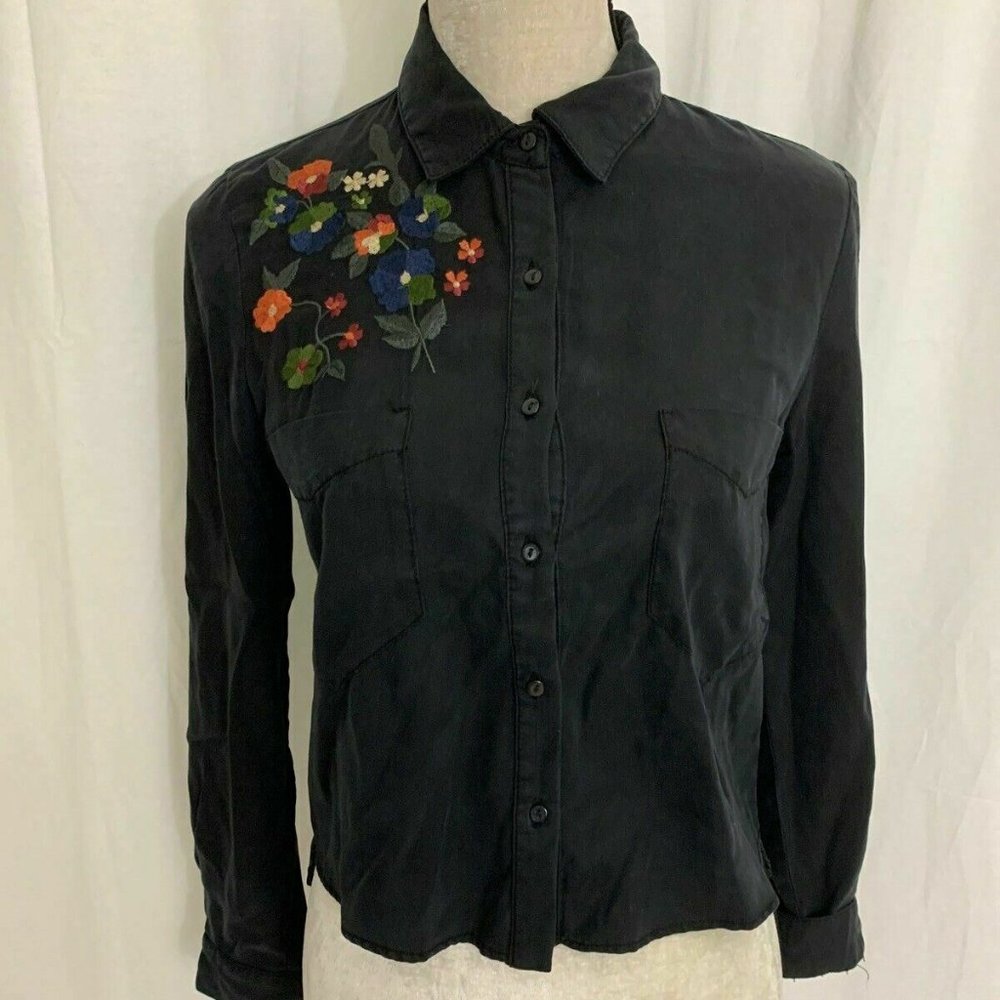 ZARA Black Floral Embroidered l.sleeve shirt sz Small